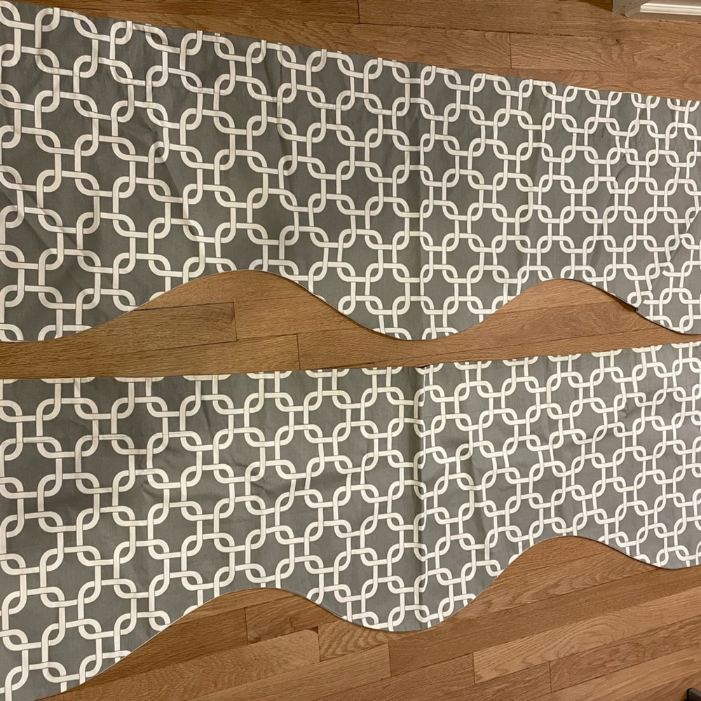 Set of four (4) grey 50” valances, interlocking pattern, excellent condition!